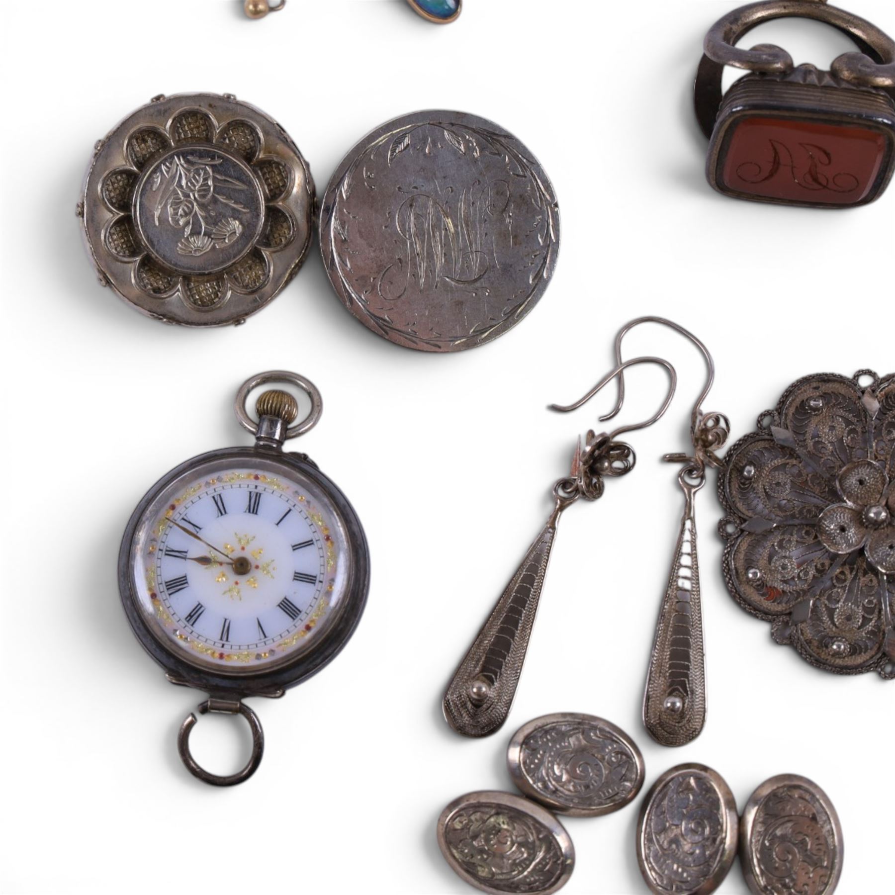9ct gold jewellery oddments, including single opal pendant earring, single hoop earring and earring hooks and silver jewellery, including wristwatch, cufflinks, necklace, earrings, brooches and carnelian fob