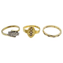 Victorian 15ct gold seed pearl marquise shaped ring, Birmingham 1877, gold diamond chip ring and a gold paste ring, both stamped 9ct 