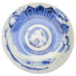 Collection of Japanese and similar ceramics, including pair of Satsuma side plates, decorated with a crowd of figures, blue and white teapot with floral decoration, blue and white vase and plates, etc