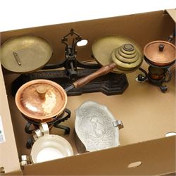 Max Elb, Dresden patent charcoal box iron, two others, flat iron, kitchen scales and weights etc
