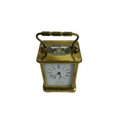 French - 19th century 8-day carriage clock with alarm, corniche case with an enamel dial, Roman numerals, minute markers and alarm setting disc, with a cylinder platform escapement, sounding the alarm on a bell. With key.