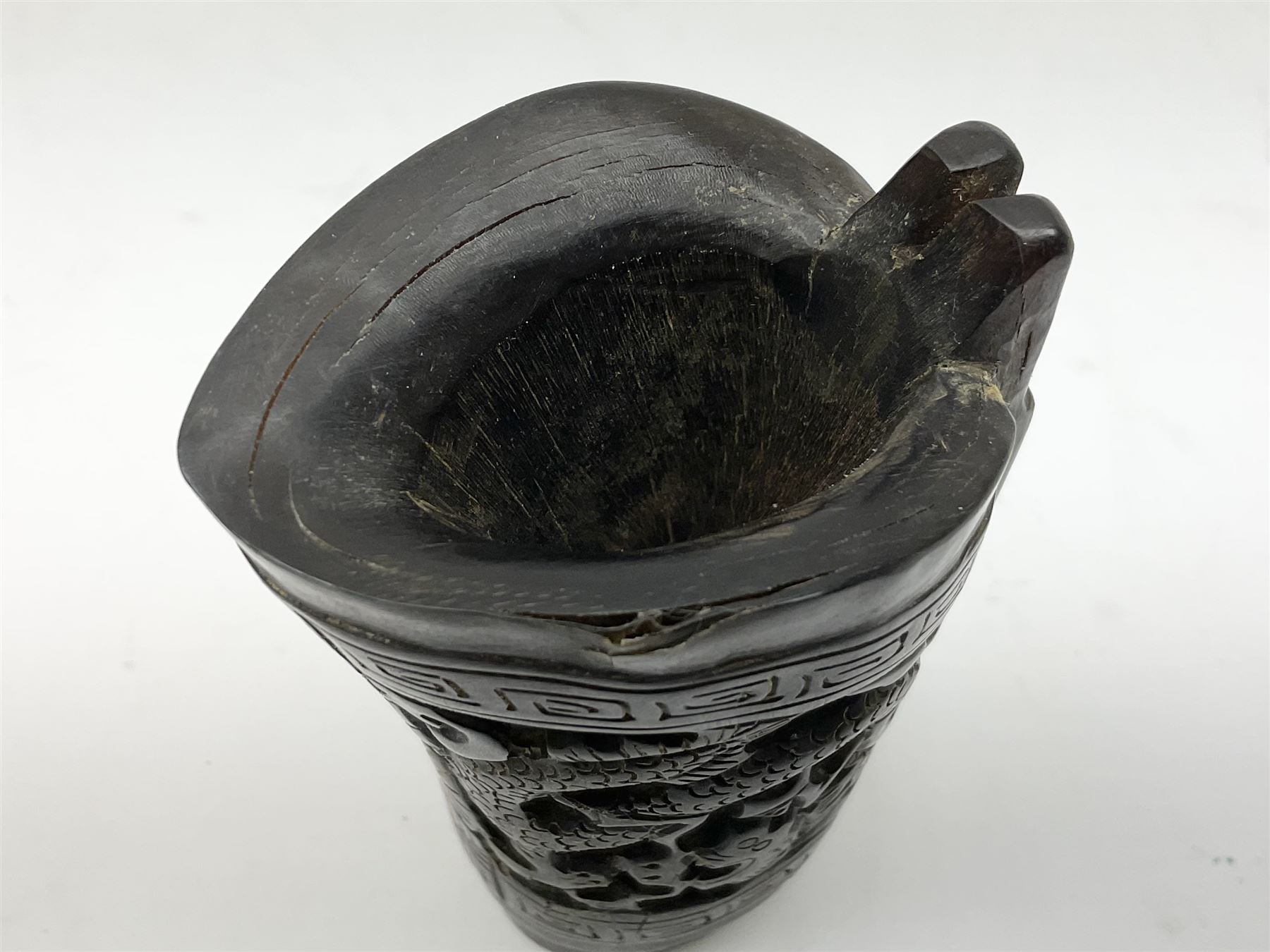 Chinese horn blood collection cup, carved with dragons and key fret border, H9.5cm