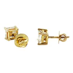 Pair of 14ct gold princess cut diamond screw back stud earrings,  total diamond weight approx 3.00 carat