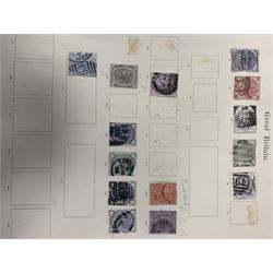 Great British and World stamps including two Queen Victoria penny black stamps, both with black MX cancels, King George V seahorse stamp,  World stamps including Austria, Belgium, Cyprus, Finland, France, Gibraltar, Italy, Hong Kong etc, in two albums and loose and a small number of mixed coins