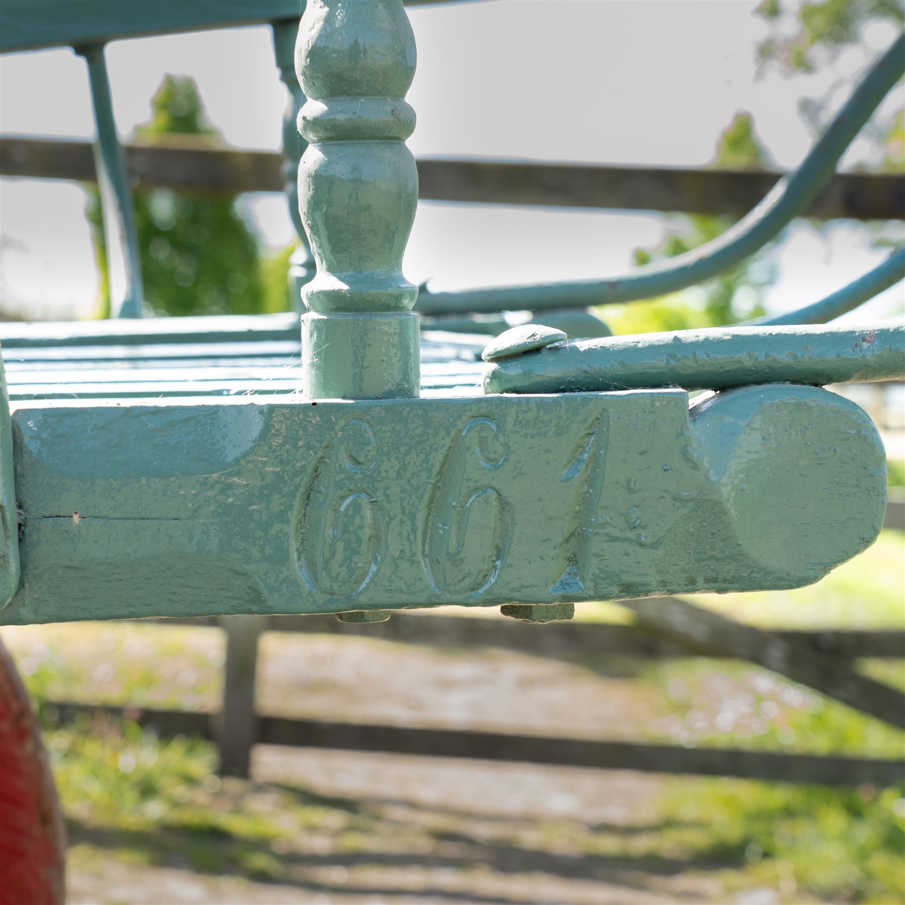 Costermonger’s Cart

A painted costermonger’s cart with green slatted timber body, red painted wooden spoked wheels and red leaf spring suspension. The cart is fitted with raised side rails, turned supports and short projecting handles. Painted lettering is visible along the side rails, together with the number “661” to the frame and wheel rim.
Finished in traditional colours, the cart offers excellent decorative appeal and would be suitable for display, garden or country house settings.

Dimensions:
Overall length: 240 cm
Body length: 215 cm
Width: 94 cm
Height: 86 cm
Wheel diameter: 64 cm

Features:
Timber construction
Open slatted carrying platform
Shaped side rails
Leaf spring suspension
Wooden spoked wheels
Iron tyres
Iron fittings throughout
Carved ownership and maker inscriptions
Traditional painted finish


