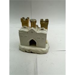 Pair of Staffordshire figures modelled as chained Dalmatians seated upon cobalt blue oval bases, H13cm, together with a Staffordshire pastille burner modelled as a castle, H12cm, a pair of 19th century Derby potpourri pots (lacking covers), and an 18th century blue and white tea bowl 