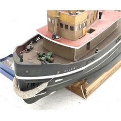 Large model of the tugboat 'Dhulia' on a wooden stand L144cm, together with a box of additional parts and plans