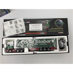 Corgi Eddie Stobart - three limited edition lorries; CC12936 Sight & Sounds Scania Topline Curtainside Trailer; CC13812 Hauliers of Renown Mercedes-Benz Actros Curtainside Knauf; and CC13405 MAN TGA XL Step Frame Curtainside Trailer; all boxed (3)