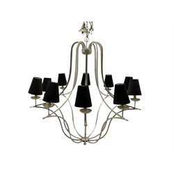 20th century aluminium chandelier centre light fitting, painted in distressed silver, with shades