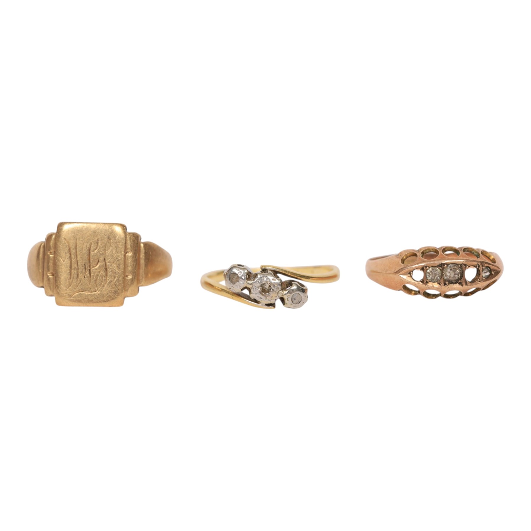 18ct gold diamond ring and 9ct gold jewellery, including fob, stone set ring, signet ring, ladies wristwatch and agate brooch