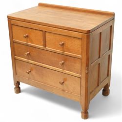 Mouseman - Oak chest of drawers, rectangular adzed top with raised gallery, two short over...