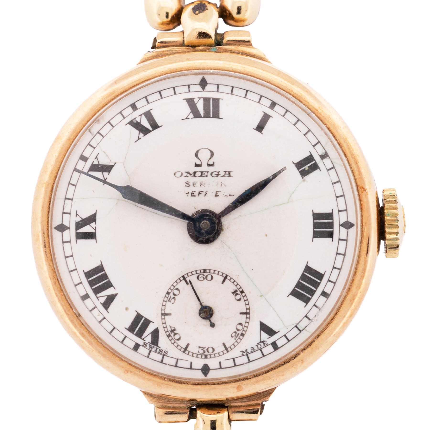 Omega early 20th century 9ct gold manual wind wristwatch, white enamel dial with subsidiary seconds dial, case by Dennison, Birmingham 1927, on a gold-plated strap and an Americ 14ct gold manual wind wristwatch, stamped 14K