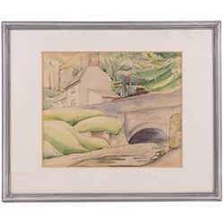Helen Marguerite Steinthal (British 1911-1991): Forest Before the Hills, watercolour unsigned, attributed verso 23.5cm x 29cm; English School (Mid-20th Century): Bridge in the Town, watercolour unsigned 23cm x 28cm  (2)