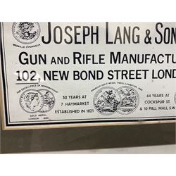 Framed display of three trade gun case labels for Joseph Lang & Son, Henry Atkin and Stephen Grant & Sons, mounted in Hogarth style frame 56 x 25cm