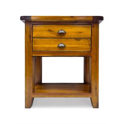 Contemporary hardwood side table, rectangular top over two drawers with shell cup handles, open shelf below, raised on square tapering supports