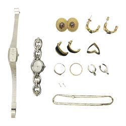 9ct gold jewellery including double wishbone ring, paste set eternity ring and a necklace chain, together with a Pandora ladies stainless steel wristwatch, Seiko ladies stainless steel wristwatch, silver buckle ring and costume earrings 