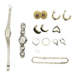 9ct gold jewellery including double wishbone ring, paste set eternity ring and a necklace chain, together with a Pandora ladies stainless steel wristwatch, Seiko ladies stainless steel wristwatch, silver buckle ring and costume earrings 