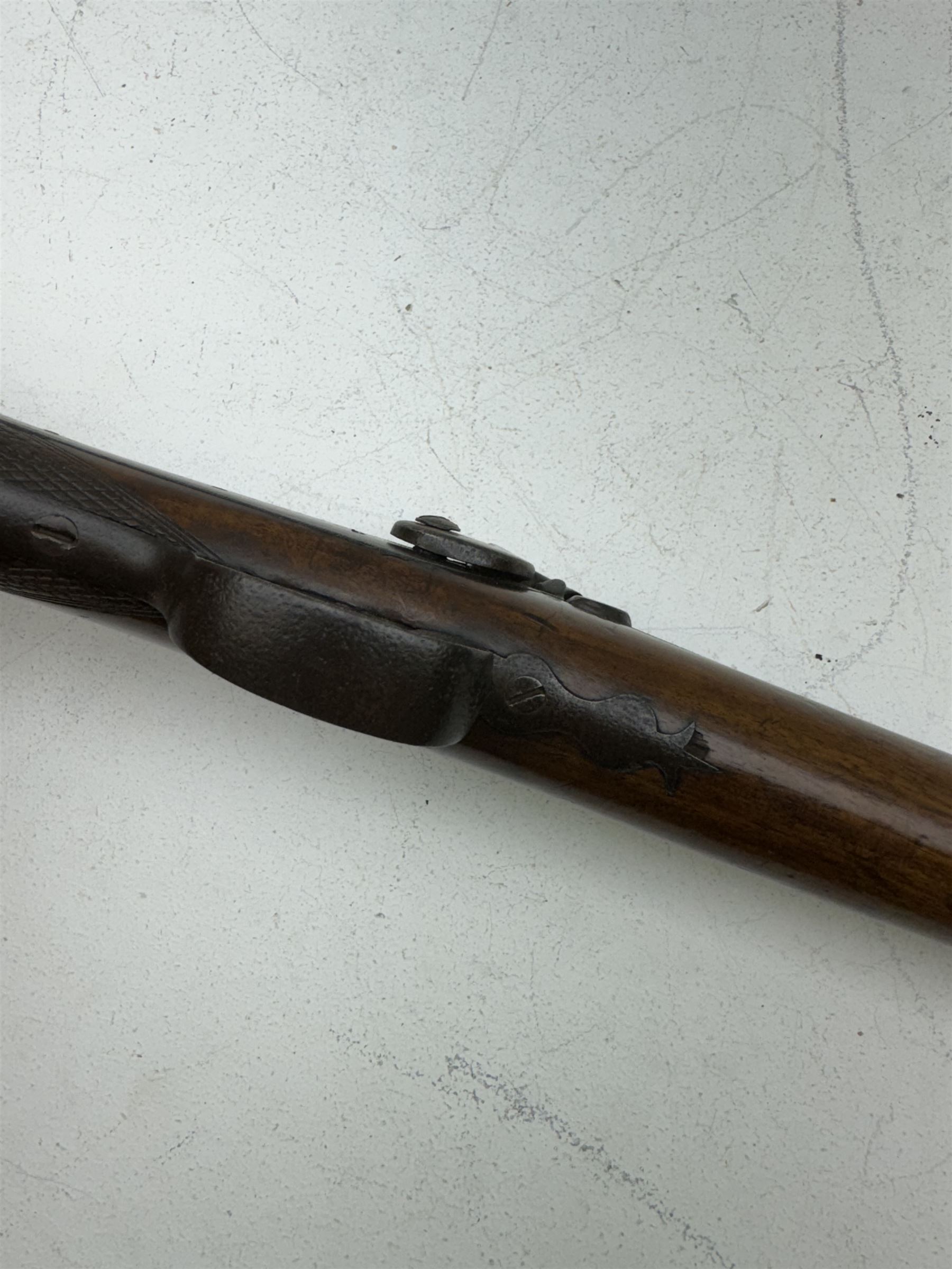19th century Jones single barrel percussion fire shotgun, muzzle loader, walnut stock with chequered grip and engraved steel fitting marked Jones, the 68cm (27