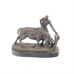 Bronzed figure of a matador and charging bull, signed Mene to the base, H21cm