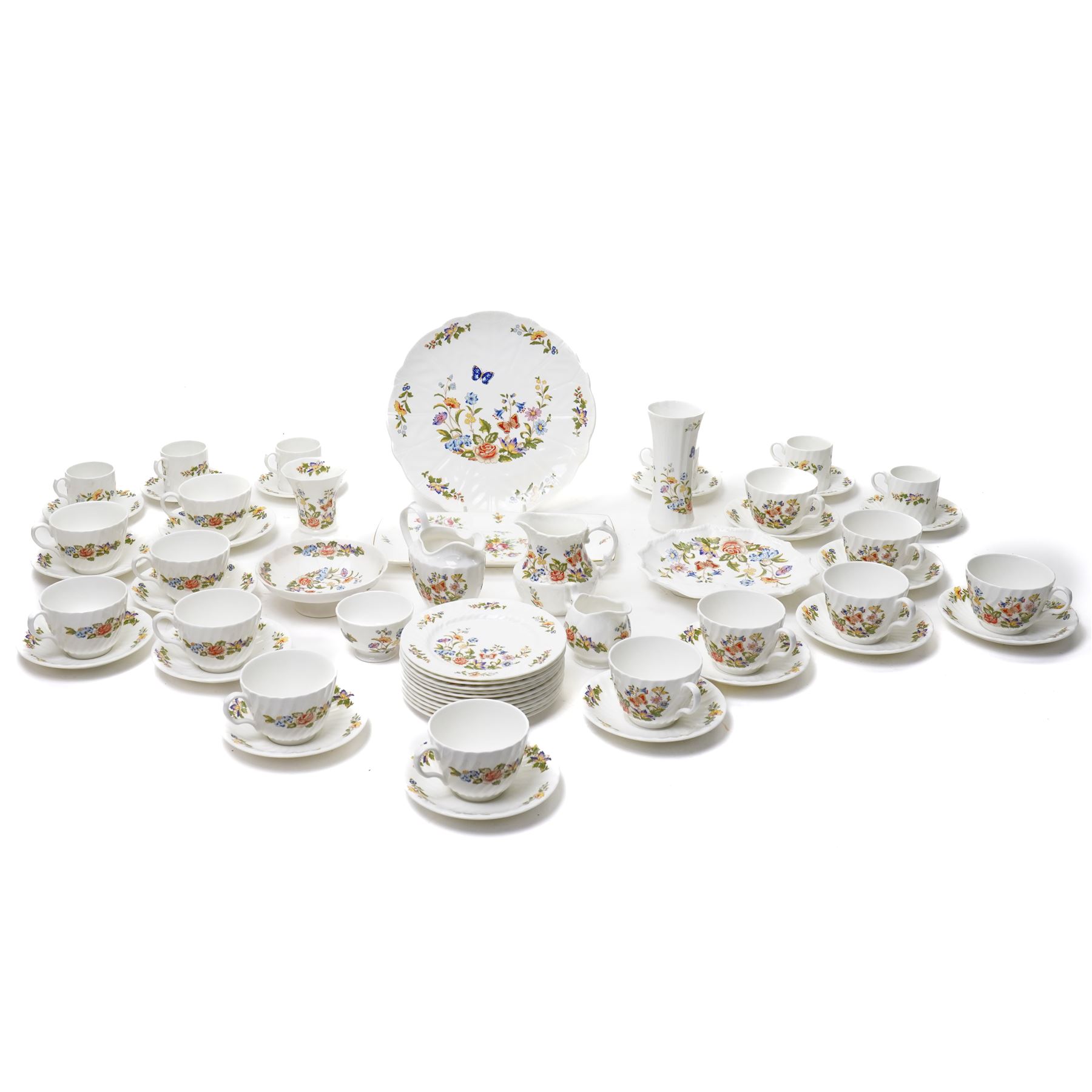 Aynsley Cottage Garden tea set comprising thirteen cups and saucers, eleven plates, bread and butter plate and milk jug, together with six coffee cans and saucers, cream jug and sugar bowl and four other Cottage Garden pieces