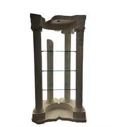Cast architectural stone effect column display stand, fitted with three glass shelves 