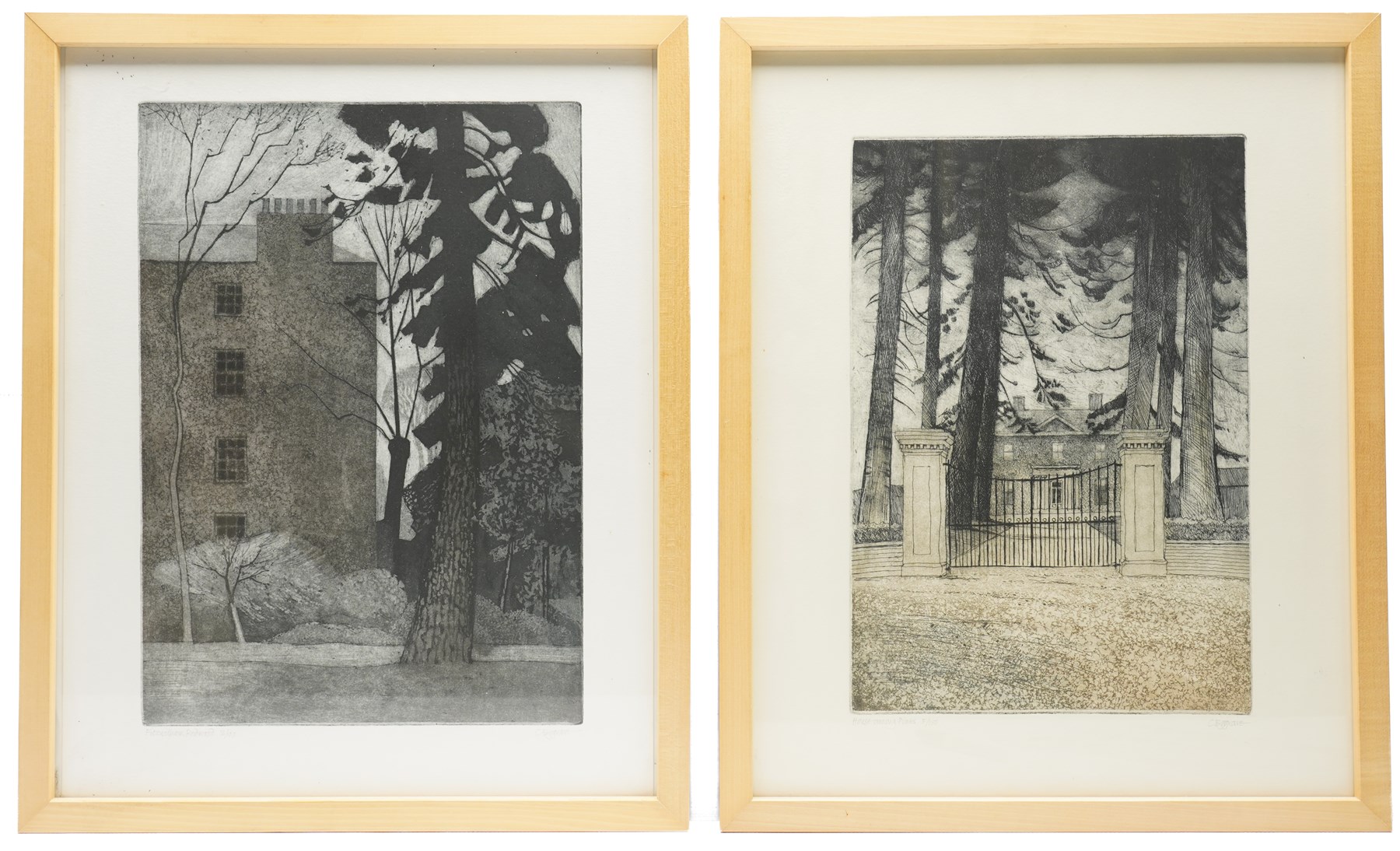 Colin Bygrave (British 1933-2020): 'House Among Pines' and 'Fitzwilliam Redwood', pair of monochrome etchings signed titled and numbered 5/150 and 3/90 in pencil, in matching frames max 41cm x 29cm (2)