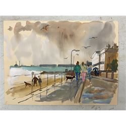 Jean Alexander (British 1911-1994): Views in Suffolk, comprising: 'Morning on the Shore - Aldeburgh July 1984', 'Sunshine on the Backwater - Aug '85 with Stephanie', 'Stormy Weather - High Sea near East Terrace Aug 1988', 'Walberswick - July 1990', 'Squally Weather near Bungay (outside Joan's house Broom Tuns) Jan 1990', 'Polzeath N. Cornwall - August 1989', and another untitled, watercolours, each signed, variously titled and dated verso, the titled 27.5cm x 37.5cm (unframed), the other 25cm x 27cm (mounted) (7)