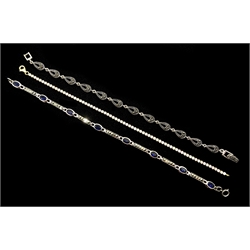  Silver-gilt cubic zirconia bracelet, silver blue stone and marcasite bracelet and one other marcasite bracelet, all stamped 925   
