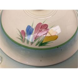 Clarice Cliff twin handled lidded tureen decorated in the Crocus pattern, with printed and impressed marks beneath, W27cm