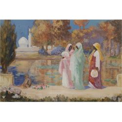 Frederick William Gibson (Scottish 1889-1971): Women at the Temple Pool, gouache unsigned 32cm x 48cm