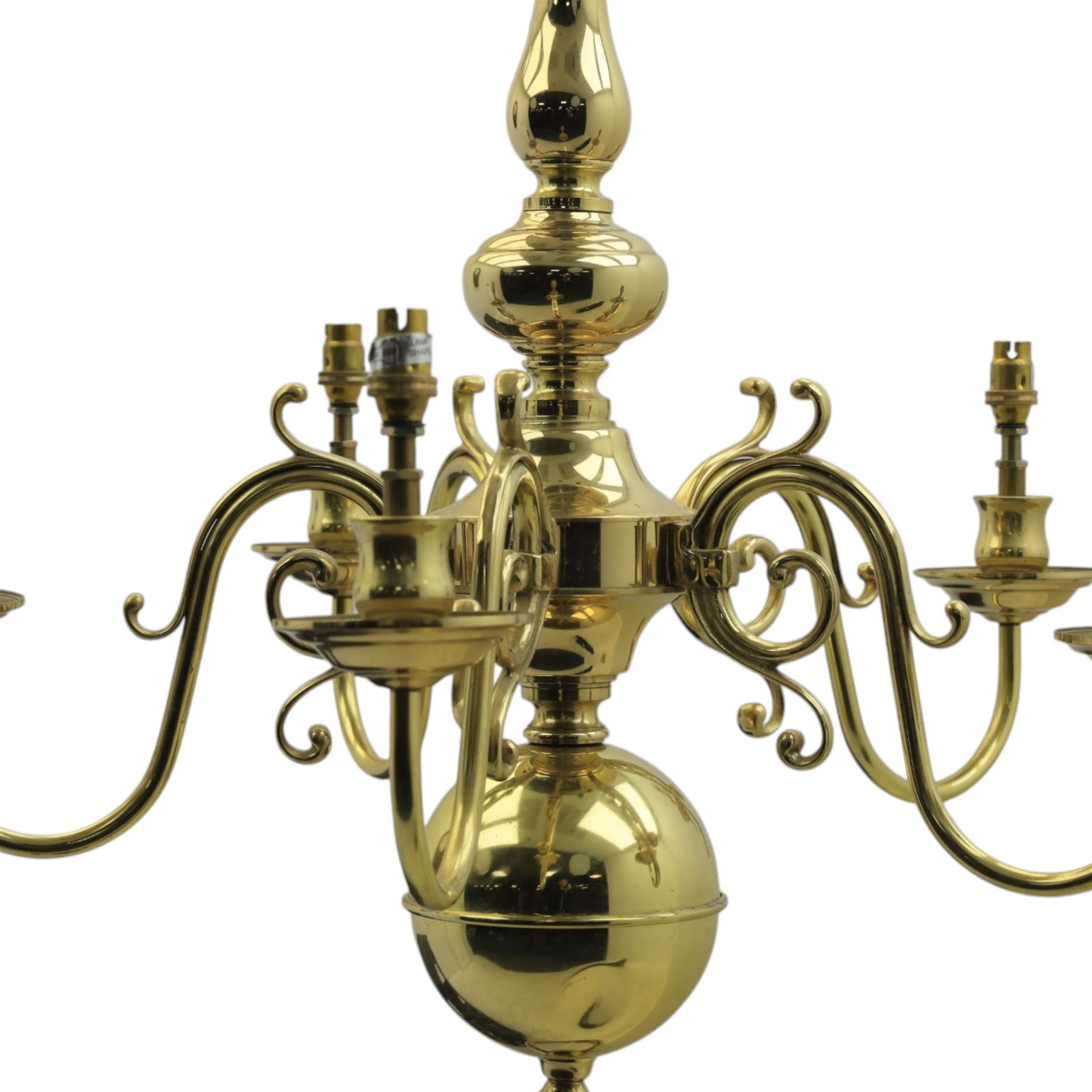 20th century brass five branch chandelier, with scrolled candle sconces and ball finial 