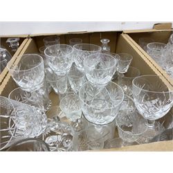 Three boxes of glassware to include four decanters with stoppers, flower frogs. tumblers, vase, bowl, other drinking glasses etc