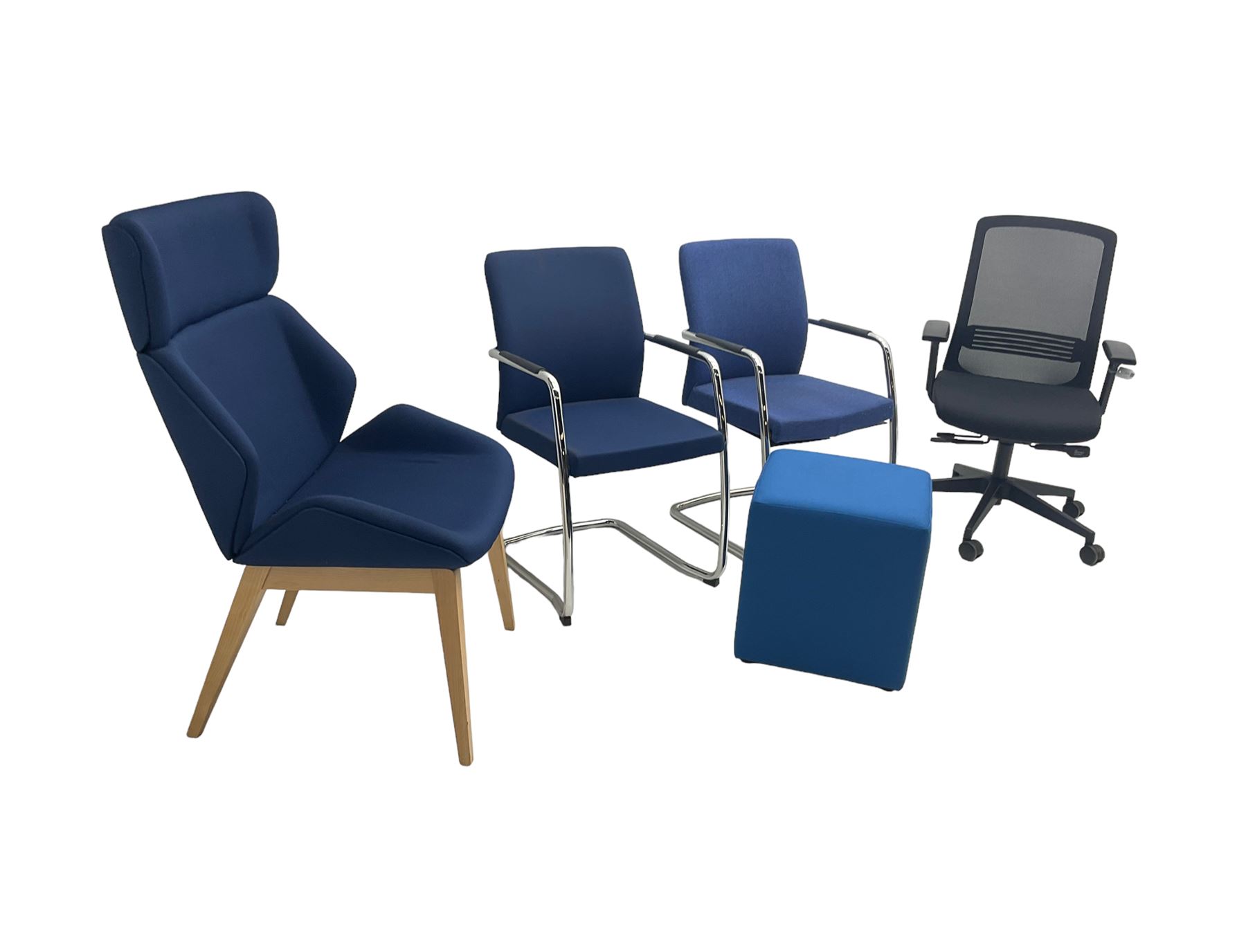 Elite - black office swivel chair (W61cm H98cm); together with Elite - pair office armchairs and high back office chair, upholstered in navy blue; and office cube