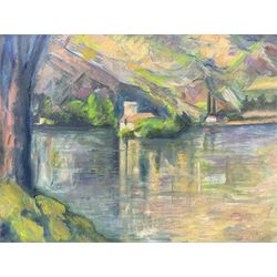 After Paul Cézanne (French 1839-1906): 'The Lac d'Annecy', 20th century oil on canvas indistinctly signed and dated 2019, 29cm x 39cm 
