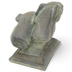 Composite stone statue group of two greyhound heads on stepped plinth base, in antique bronze finish