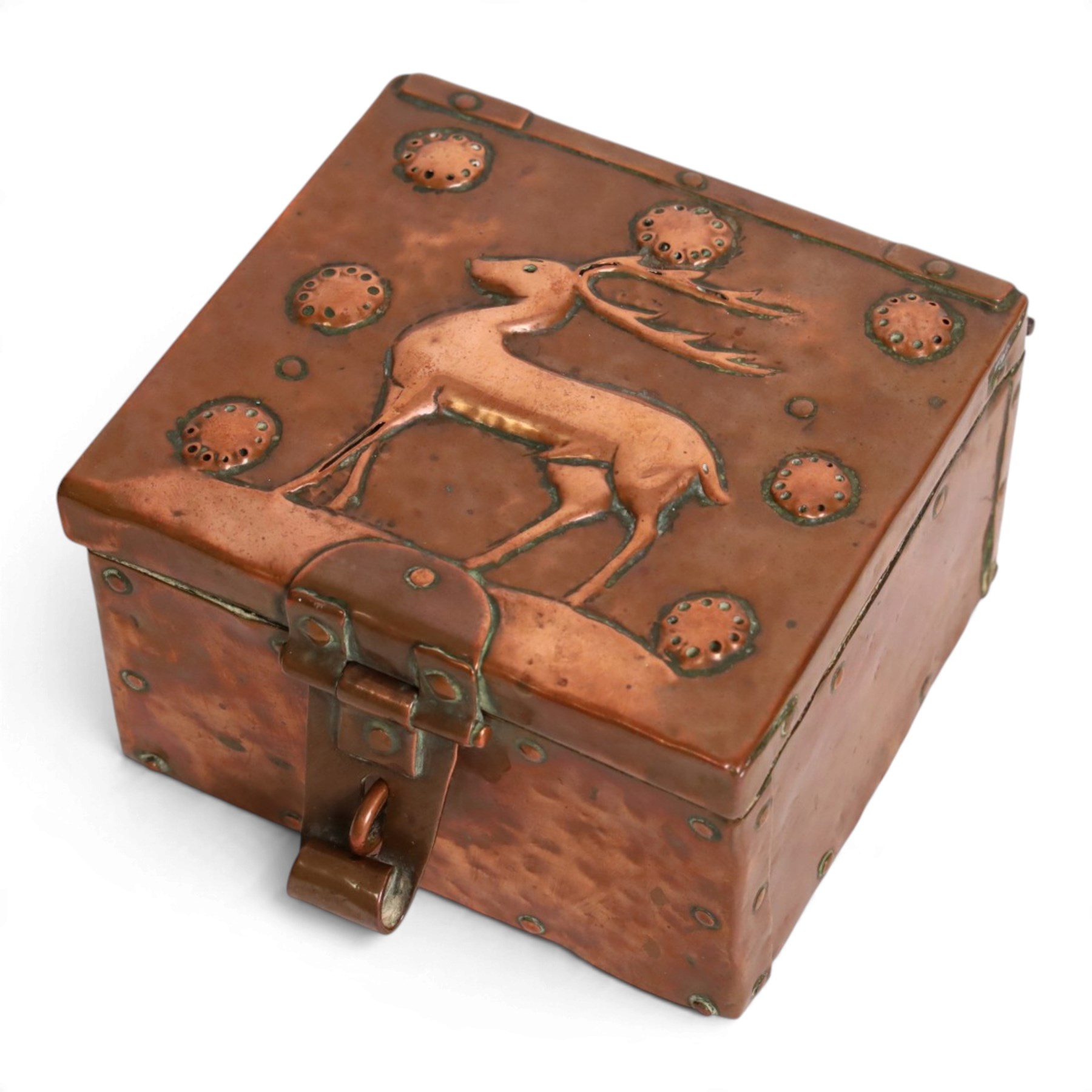 John Pearson  (British, 1859-1930) for Newlyn - Arts & Crafts copper box with central Hart motif, , wood interior, signed JP to the reverse, H8cm, D12cm 