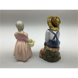 Group of figures, comprising six Royal Doulton examples, Daydreams HN1731, Silks and Ribbons HN2017, Tom Sawyer HN2926, Marie HN1370, Bo-Peep HN1811, and Tinkle Bell HN1677, together with a Dresden type 'lace' example, and a Coalport 'Swiss Cottage', (8)
