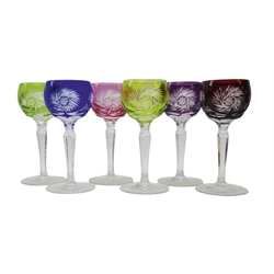  Set of six harlequin coloured overlay cut hock glasses, faceted stems and star cut base, H16.5cm (6)  