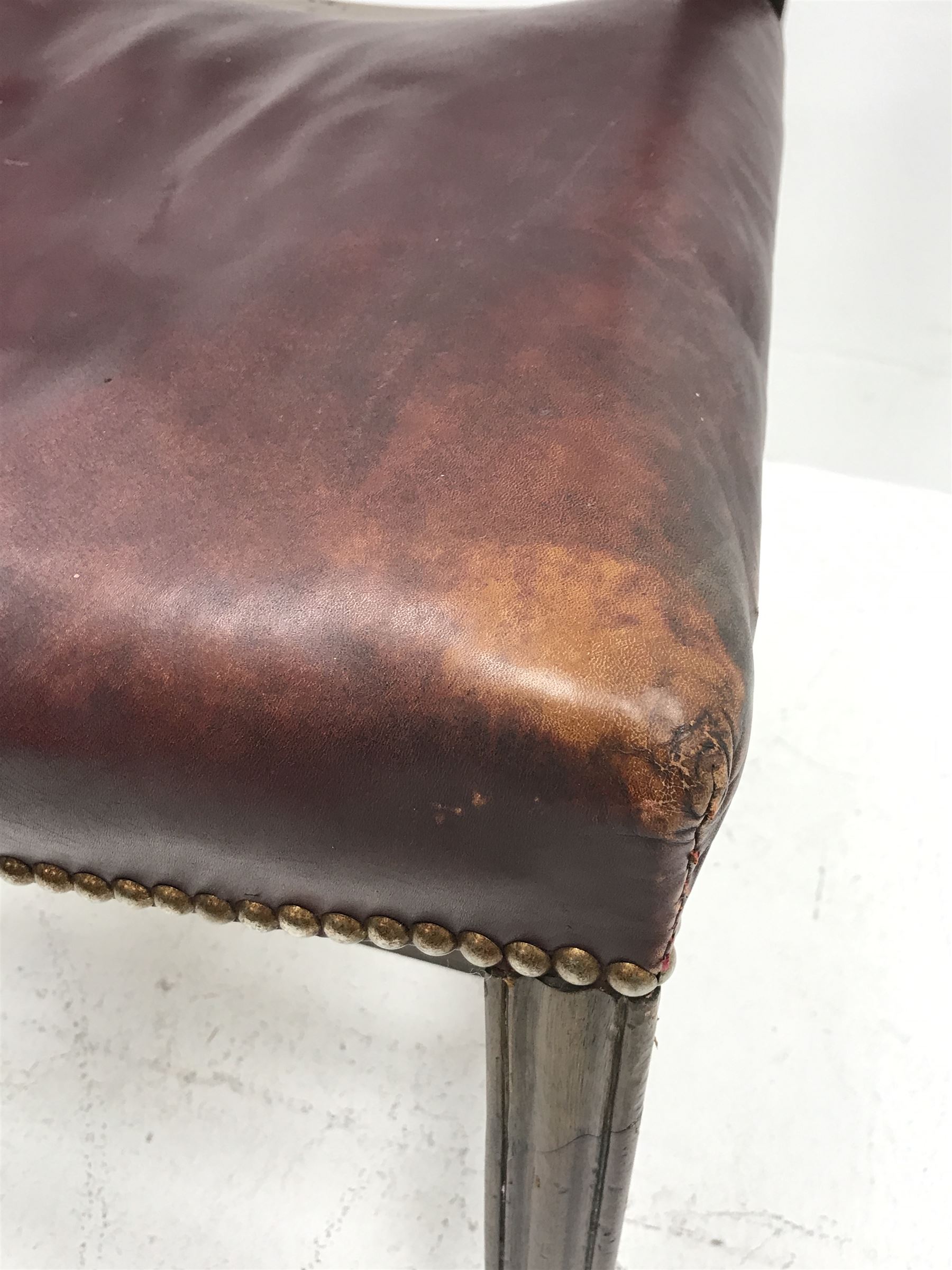 Georgian mahogany Chippendale style chair, moulded frame with pierced and waved slat back, dished leather upholstered seat with stud work, on moulded square supports jointed by stretchers, seat width - 53cm, seat height - 45cm