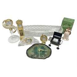 Six small mantel clocks; Grace Darling moulded glass dish; and boxed Beswick figure