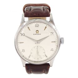 Omega stainless steel manual wind wristwatch, circa 1950's, Cal. 265, silvered dial with subsidiary seconds dial, Arabic and dagger hour batons, on brown leather strap