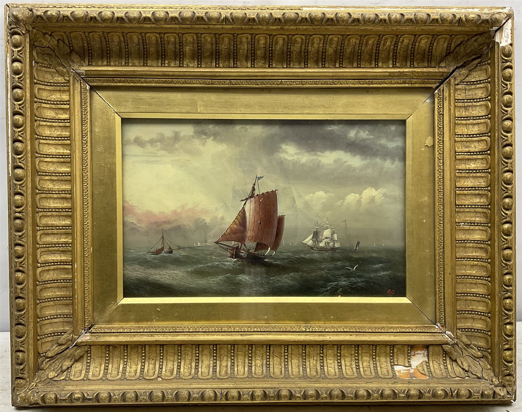 R Coverdale (British 19th/20th century): Fishing Yawl and other Masted Vessels at Sea, oil on canvas signed with initials, signed and dated '78 verso 22cm x 34cm