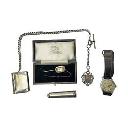 9ct rose gold mourning pin, decorated with an eye and a masonic symbol behind a glazed panel, toghether with a silver albert chain, with silver fob, silver cheroot holder, plated vesta case in the form of a book and a gentleman's Glycine wristwatch