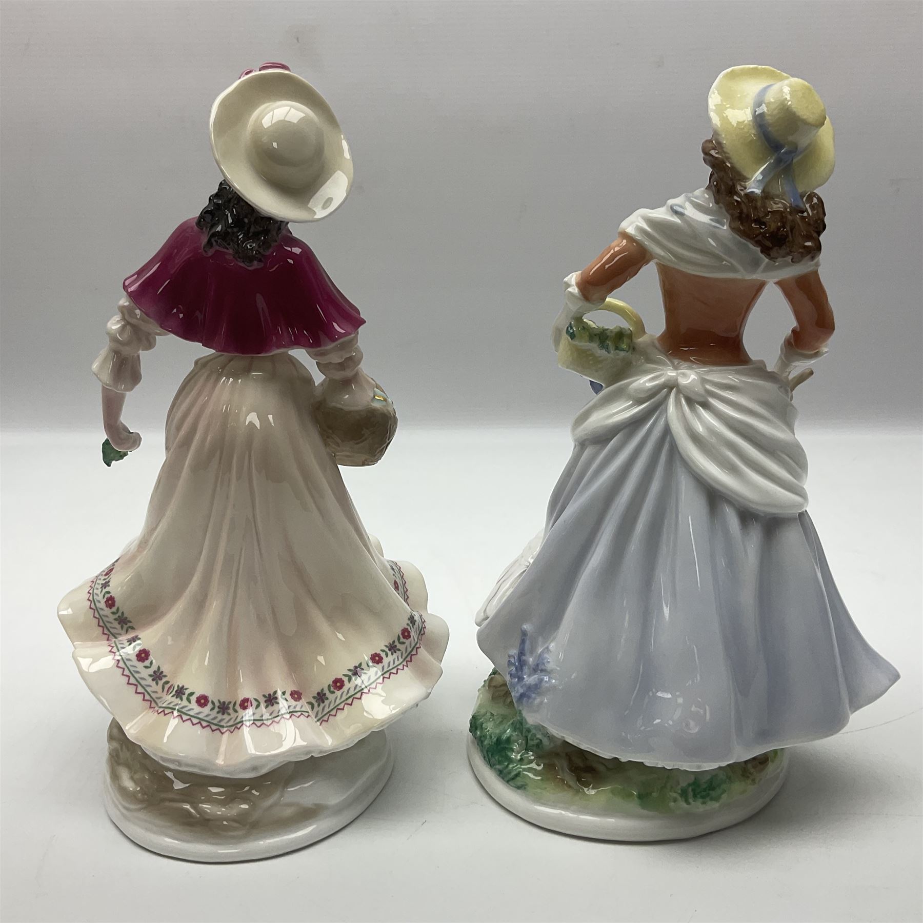 Five Royal Worcester figures, comprising Market Day, Noelle, Bakers Wife, Goose Girl and Fruit Picking, all with printed marks beneath and some with certificates of authentication  