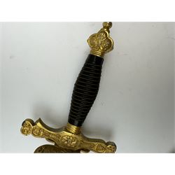Ceremonial sword, the 75cm blade marked Toledo, Spain, gilt handle with black wire-bound grip  with leather scabbard with gilt tip, L94cm 