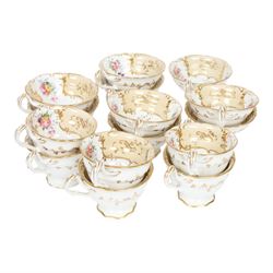 19th century Ridgway tea service, decorated in the 7548 pattern, comprising ten breakfast cups, eleven coffee cups, eleven saucers, tea pot, sucrier and cover, slop bowl, pair of cake plates and further example, a number with printed marks beneath, some with painted iron red pattern number beneath 