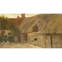 Paul Paul (Staithes Group 1865-1937): Feeding Chickens outside a Cottage, oil on board signed 24cm x 42cm 
Provenance: from the artist's studio collection. Paul Politachi, born in Constantinople in 1865, was the son of Constantine Politachi (1840-1914), a merchant in cotton goods, and his wife Virginie. About 1870 the family came to England, and in 1871 Paul is listed as living at 4 Victoria Crescent, Broughton, Salford with his parents, two younger sisters Eutcripi and Emilie, paternal grandmother Fotine, a governess and a servant. In January 1887 he enrolled at Hubert von Herkomer's School at Bushey, where he presumably met fellow future Staithes Group members Rowland Henry Hill and Percy Morton Teasdale.

After his marriage to Marion Archer in 1896 he changed his name to the more Anglophone Paul Plato Paul. He exhibited at the Royal Academy ten times between 1901 and 1932. He was elected to the Royal Society of British Artists in 1903 and in that year exhibited 'The Old Pier, Walberswick' and 'The Road to the Village' in their winter exhibition. Two years later he was elected a member of the Staithes Art Club, alongside Teasdale. He died at 11 Bath Road, Bedford Park, Brentford, Middlesex on 23 January 1937, aged 71.