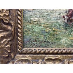 John C Gray (Scottish 1873-1958): Cattle Grazing, oil on canvas signed and dated 1915, 24cm x 34cm 
Notes: Gray, a Dundee artist, was born without arms and painted by holding a brush between his teeth and toes. 