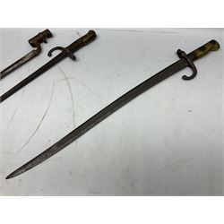 Five 19th century bayonets in relic condition without scabbards comprising British Pattern 1876 socket bayonet with Indian markings; French Model 1874 epee bayonet; and three French Model 1866 sabre bayonets (5)