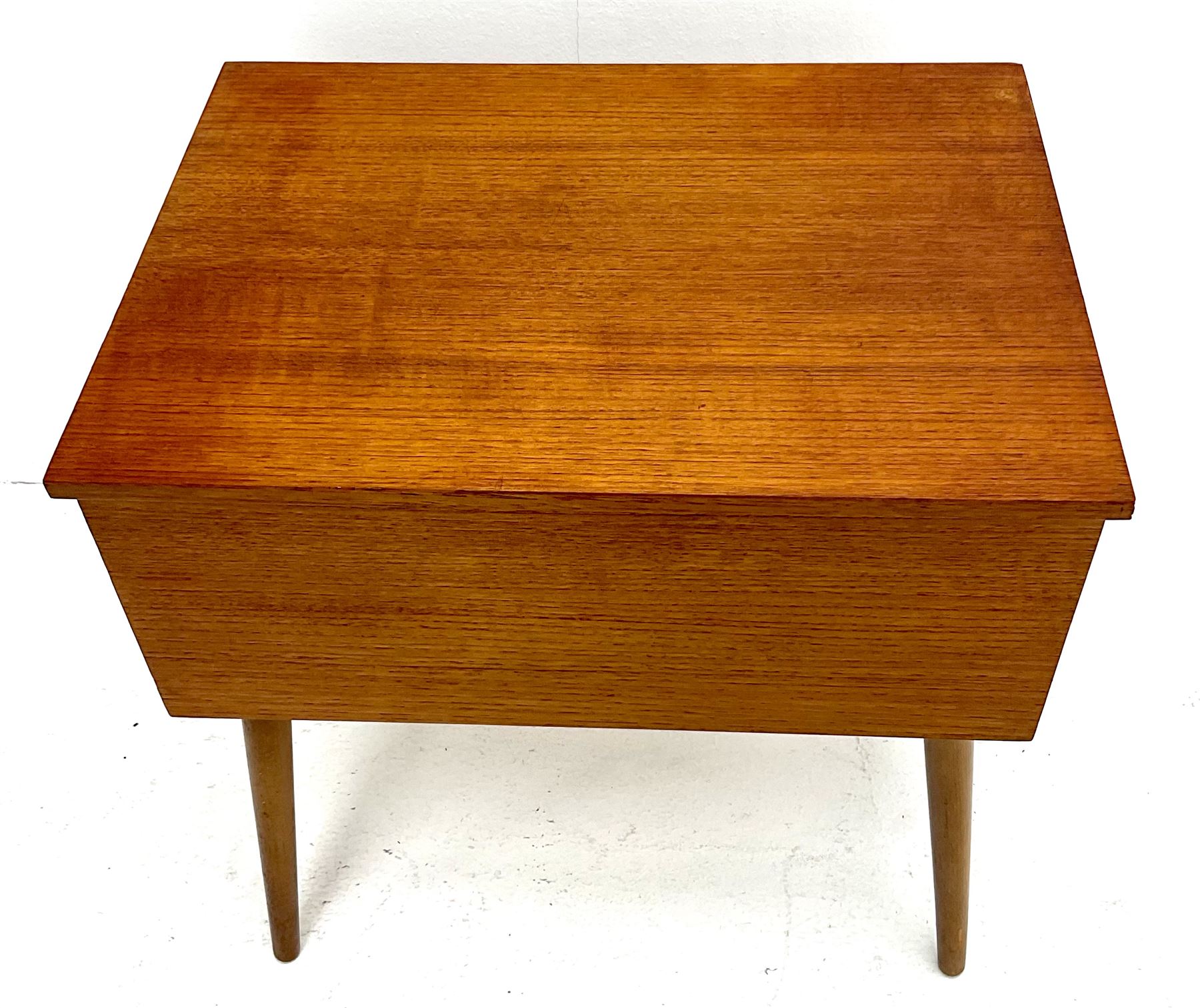 Mid century teak work box, single hinged lid, turned tapering supports